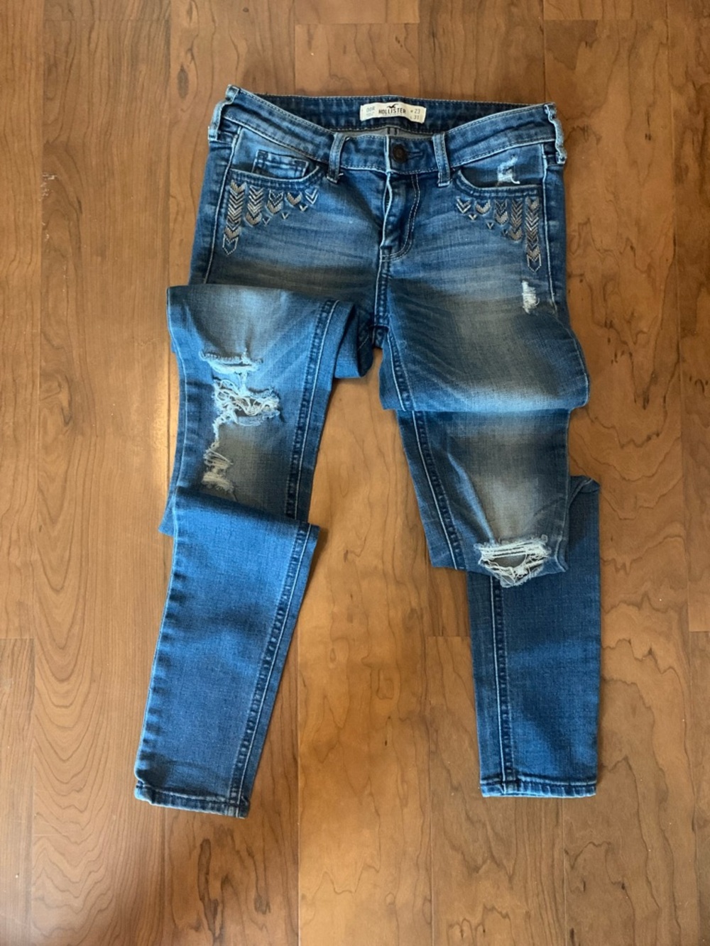 Hollister Blue Distressed Skinny Jeans with Embroidered Front